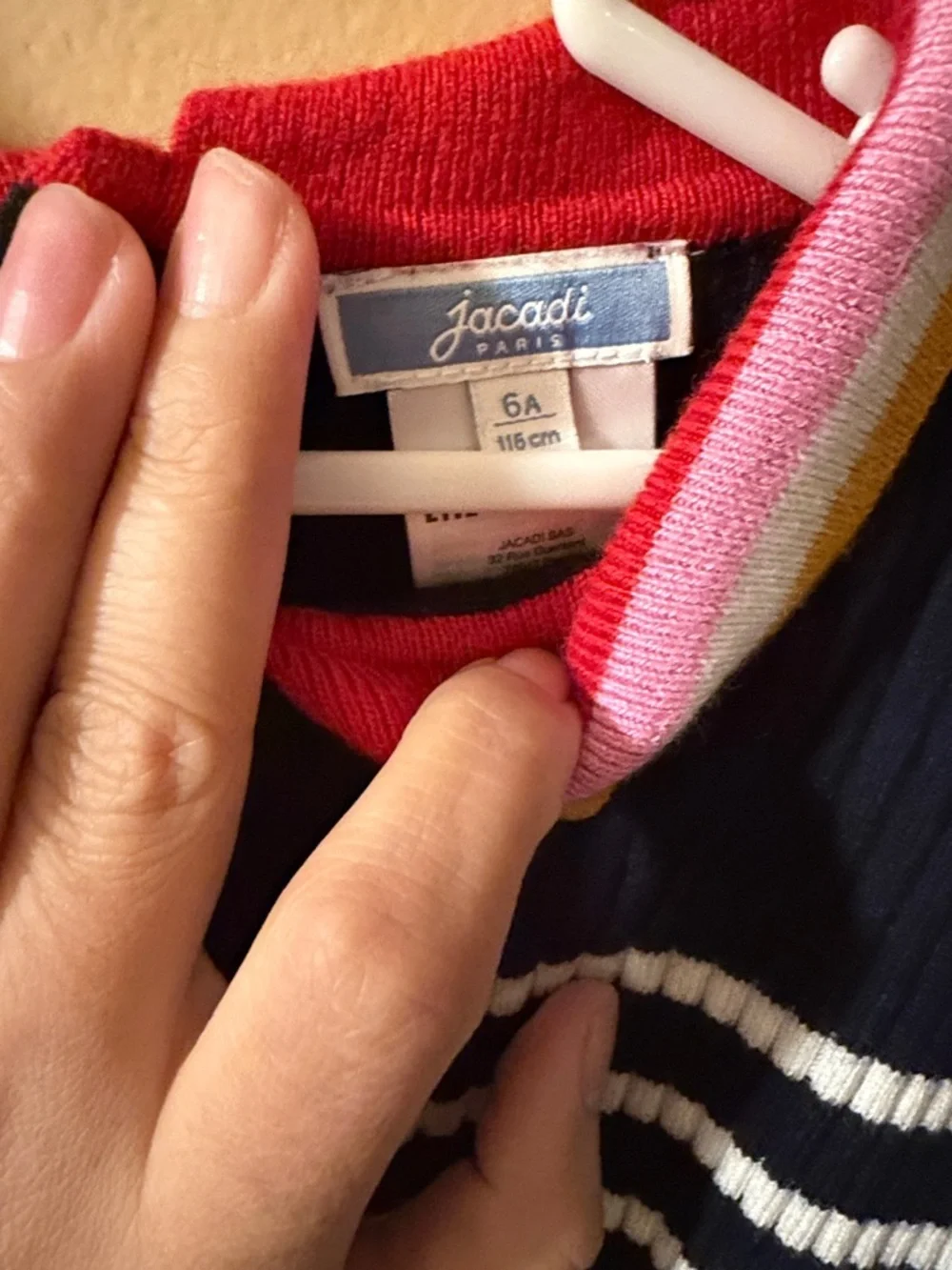Jacadi Navy and White Striped Ribbed Sweater with Multi-Color Trim
